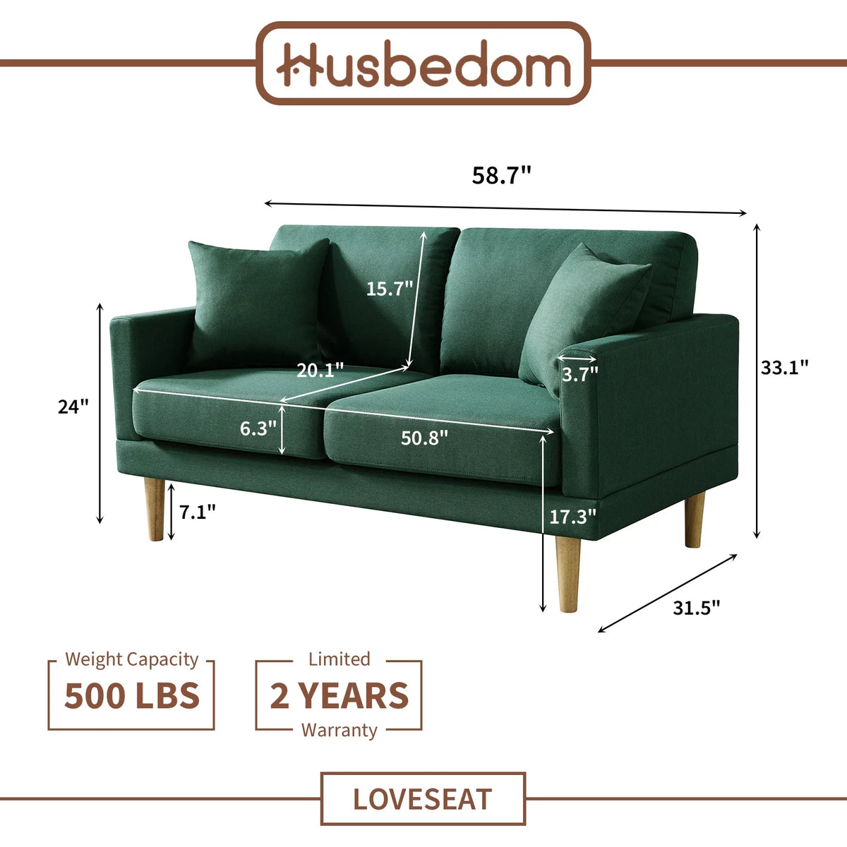 Dark Green Loveseat Sofa with Throw Pillow I6350