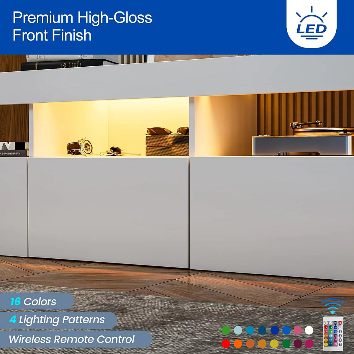 White High Glossy LED TV Stand with 3 Cabinets I87787