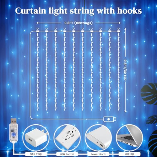 300 LED Fairy Curtain Lights, 9.8ft x 9.8ft Battery Operated Blue String Hanging Lights C7993