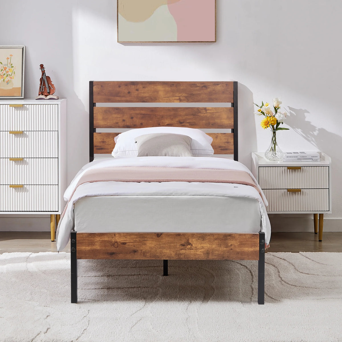 Brown Twin Bed Frame with Wooden Headboard and Metal Slats W518406