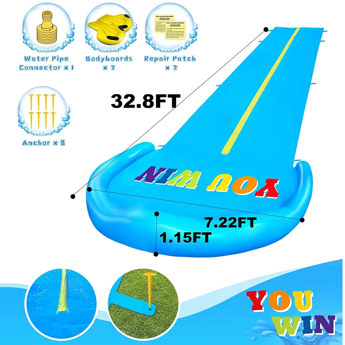 32.8FT Inflatable Water Slide with 2 Racing Lanes and 2 Bodyboards N12974