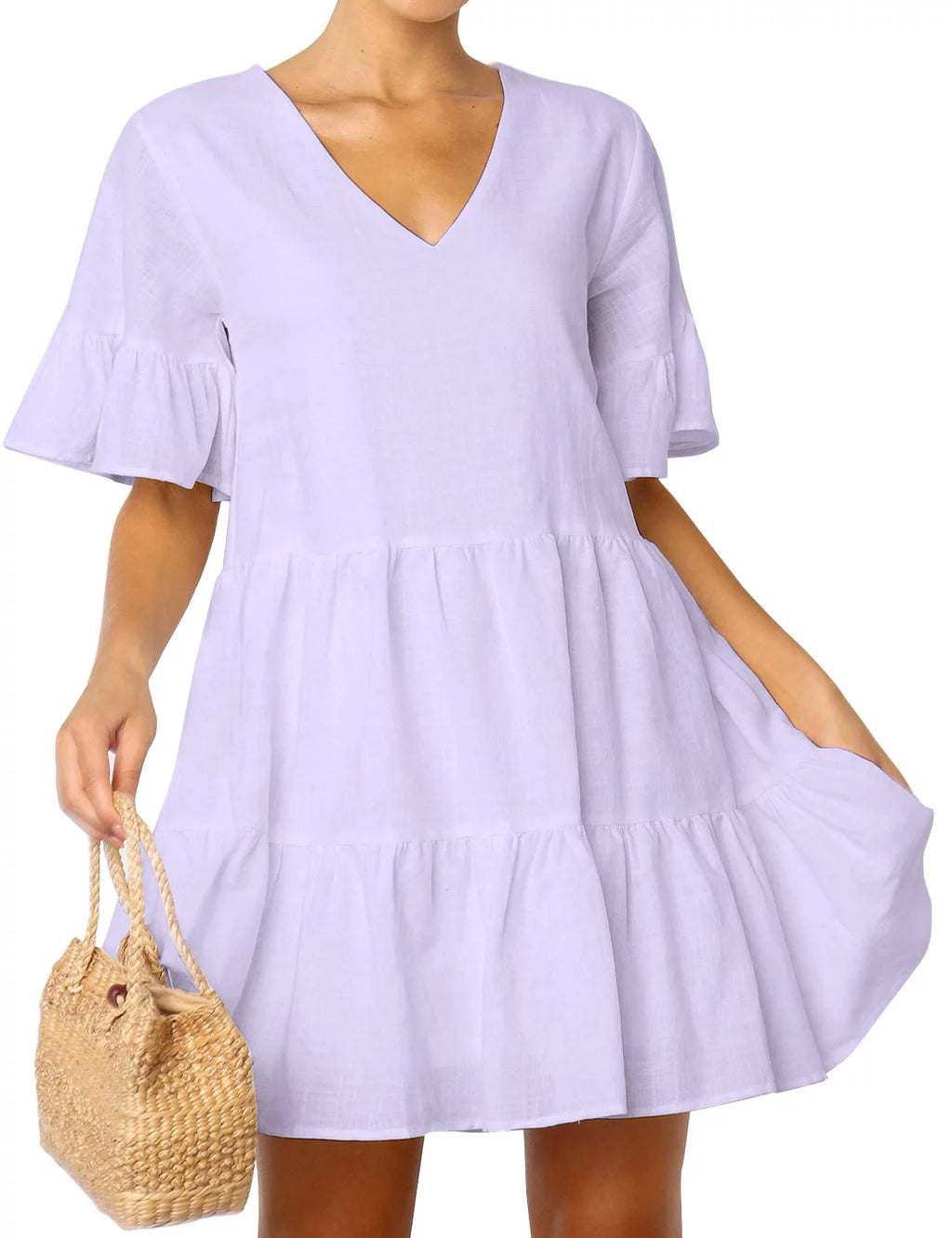 Red Short Bell Sleeve V Neck Mini Dress with Pockets M93505
