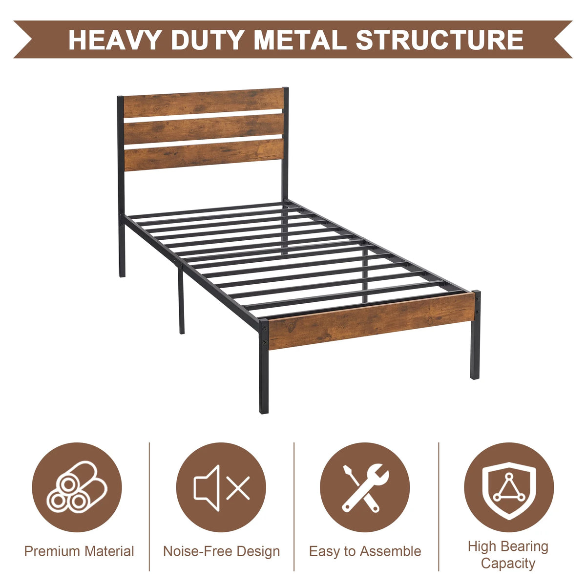 Brown Twin Bed Frame with Wooden Headboard and Metal Slats W518406