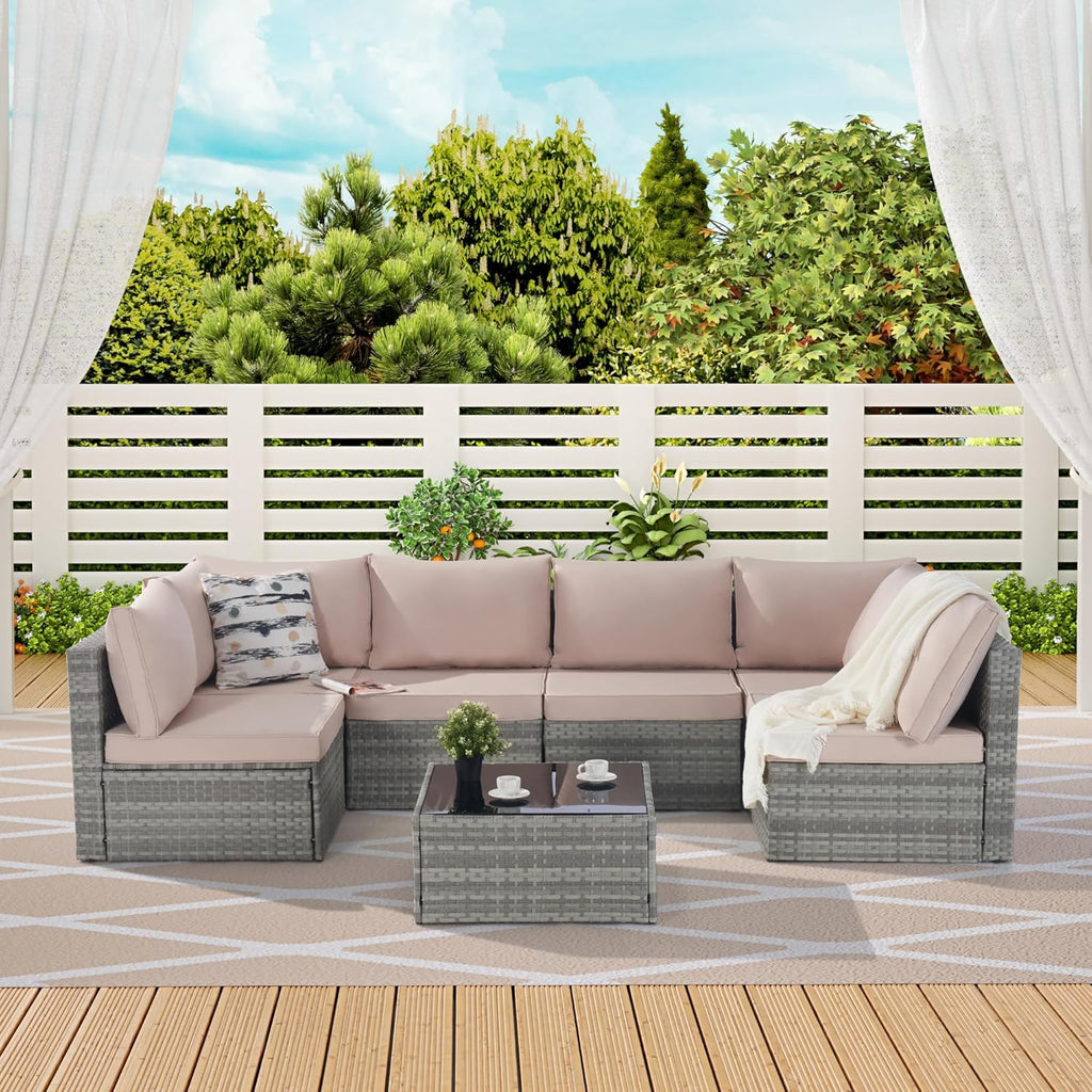 Beige 7 Piece PE Rattan Wicker Patio Conversation Set with Coffee Table A704915