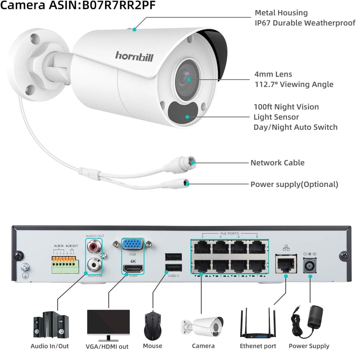 4K PoE Security Camera System 8MP 8CH 4Pcs Wired IP Cameras with Night Vision 2TB Hard Drive H584838