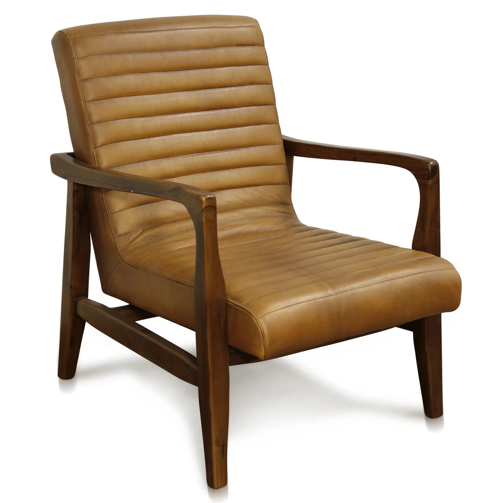 Channel Back Lounge Chair Solid Teak Wood Saddle Leather I454