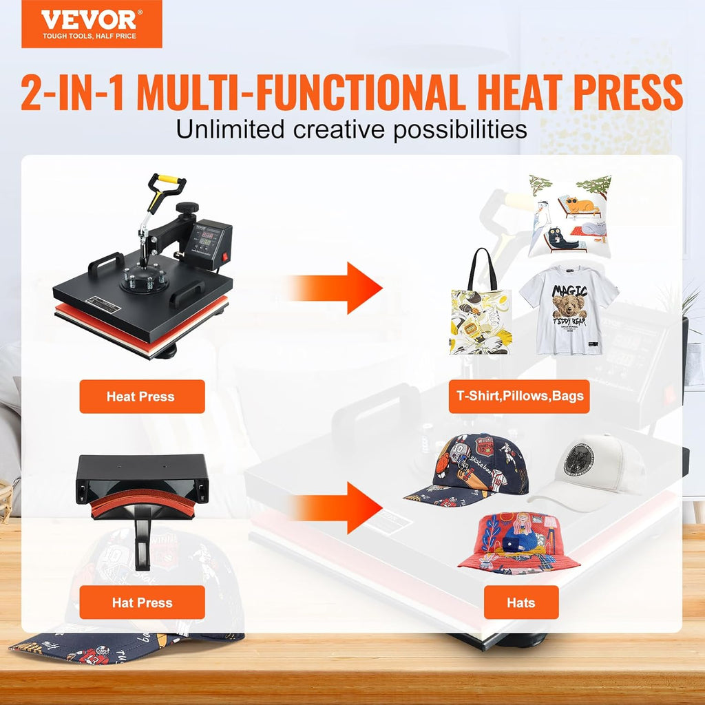 15x15 Heat Press Machine with Hat Press, 360° Swing Away Digital Tshirt Press Machine T55735