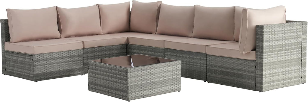 Beige 7 Piece PE Rattan Wicker Patio Conversation Set with Coffee Table A704915