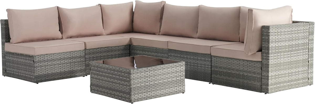 Beige 7 Piece PE Rattan Wicker Patio Conversation Set with Coffee Table A704915