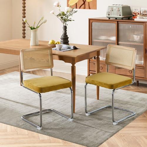 Velvet Dining Chair Set of 2 with Natural Cane Back Chrome Base Green A14313