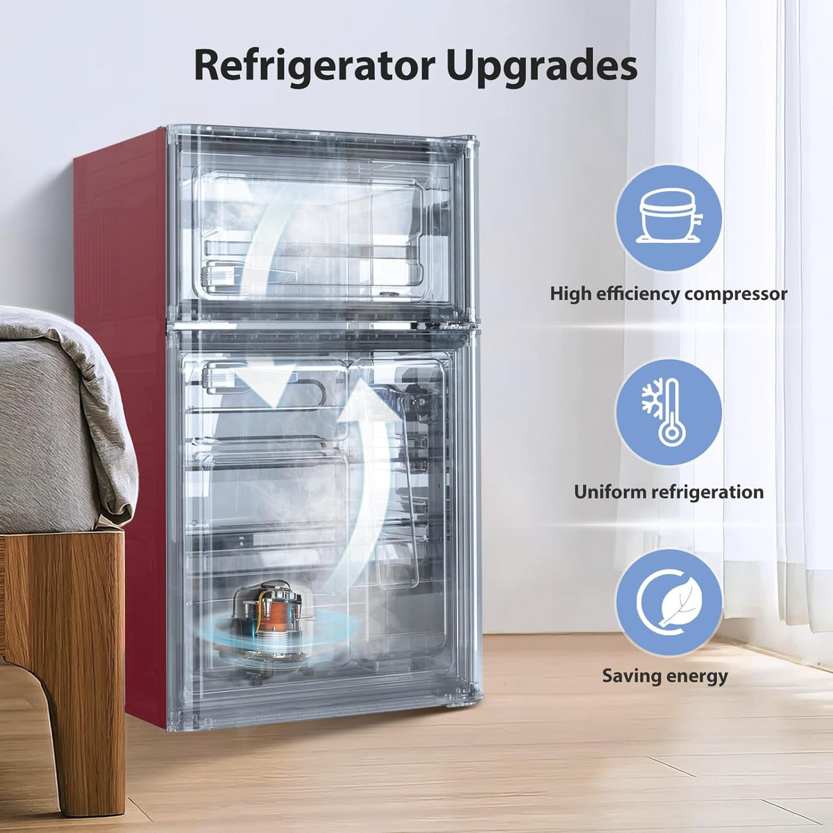 Retro Red 3.2 Cu.Ft Compact Double Door Mini Refrigerator with Freezer P959636