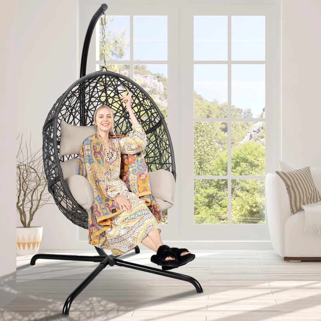 Oversized Black Hanging Swing Egg Chair with Stand W184