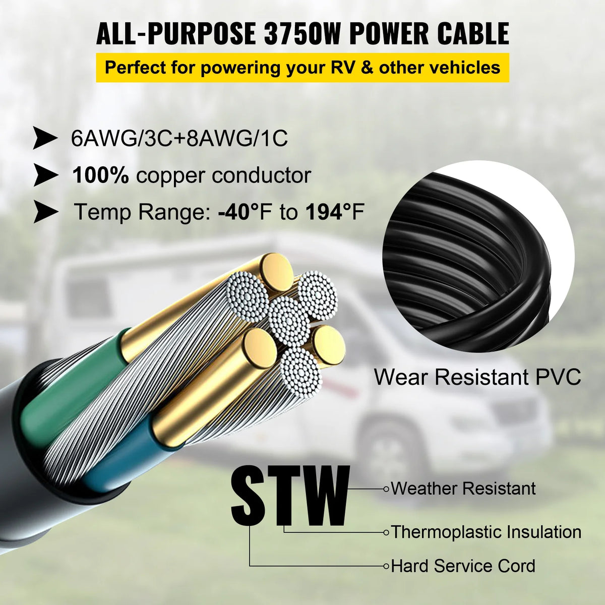 RV Shore Power Extension Cord 50A 36ft 125/250V STW 6AWG/3C+8AWG/1C NEMA SS2-50R Twist Lock Plug NEMA 14-50P E114