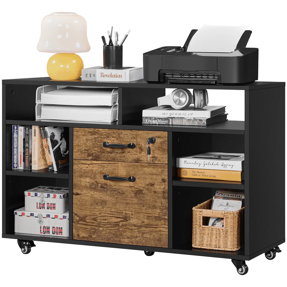 Black Rustic Brown Wooden Rolling File Cabinet with Lockable Drawer I99392