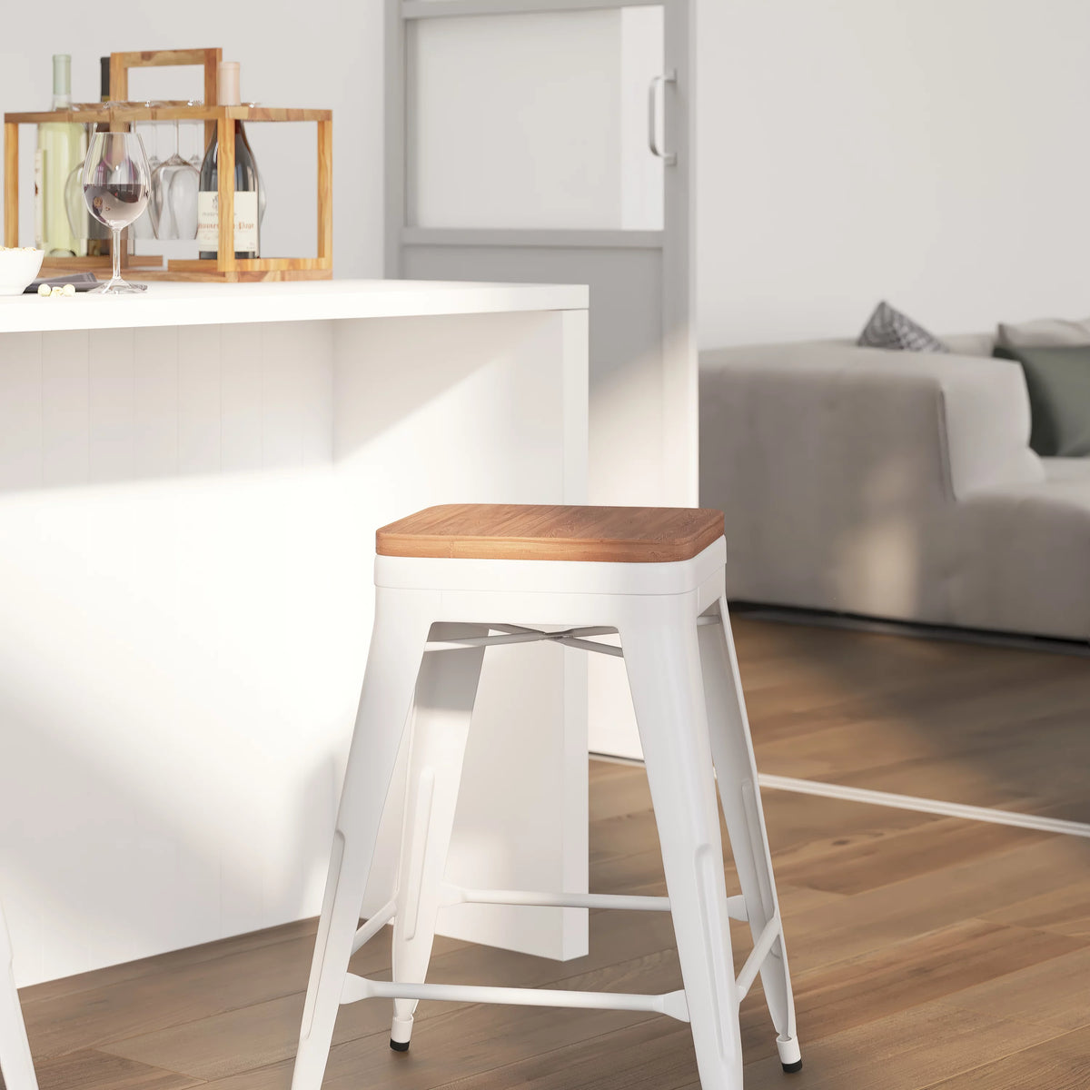 White Metal Counter Height Dining Stool with Wooden Seat O59655