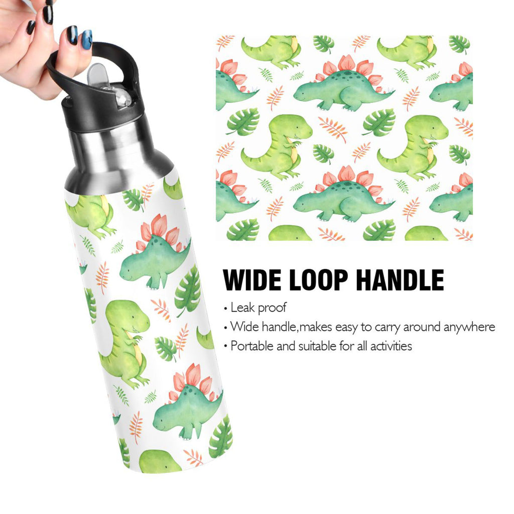 Green Dinosaur Stainless Steel Insulated Water Bottle with Straw Lid Z4659