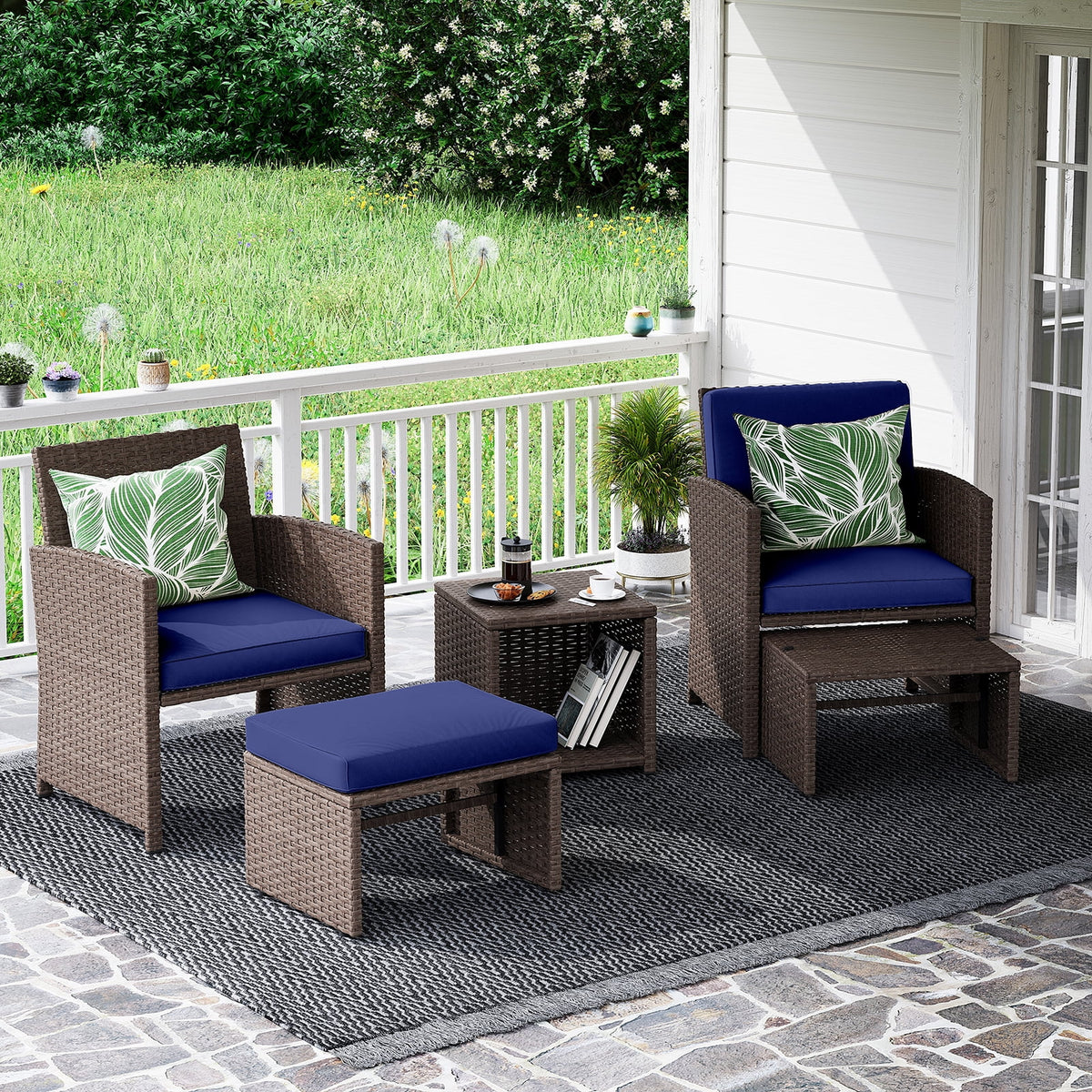5 Pcs Wicker Patio Conversation Set with Cushions X574989