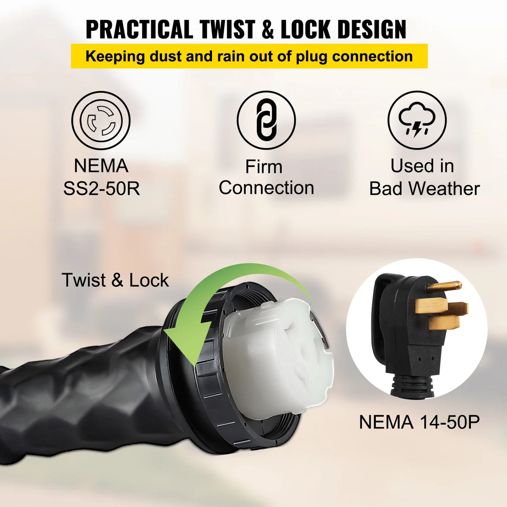 RV Shore Power Extension Cord 50A 36ft 125/250V STW 6AWG/3C+8AWG/1C NEMA SS2-50R Twist Lock Plug NEMA 14-50P E114