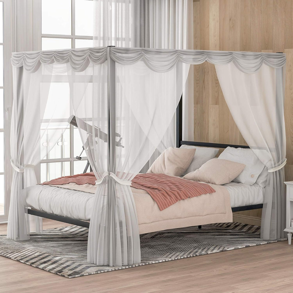 Queen Size Metal Canopy Bed Frame with Headboard Y593