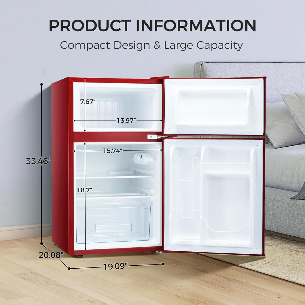 Retro Red 3.2 Cu.Ft Compact Double Door Mini Refrigerator with Freezer P959636