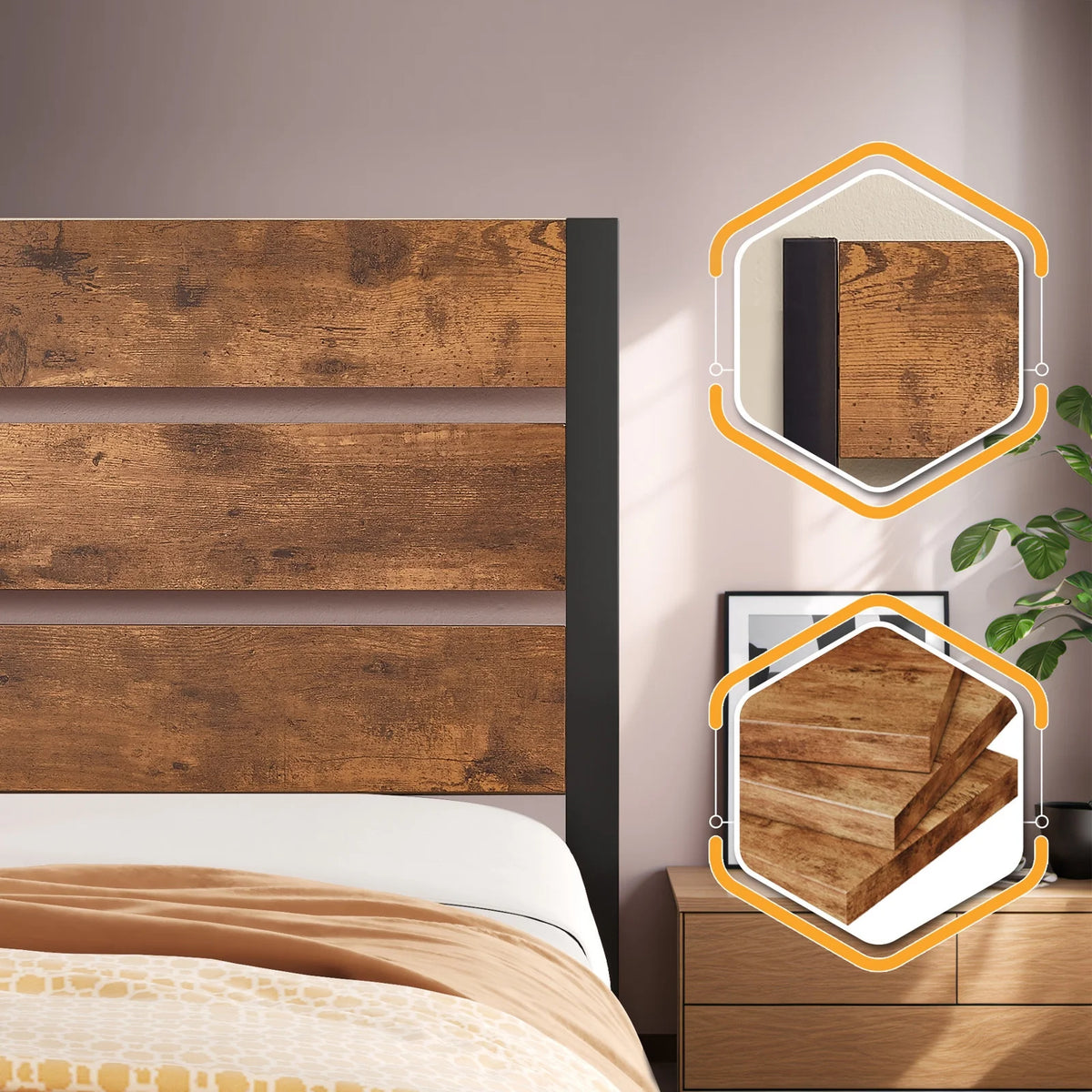Brown Twin Bed Frame with Wooden Headboard and Metal Slats W518406