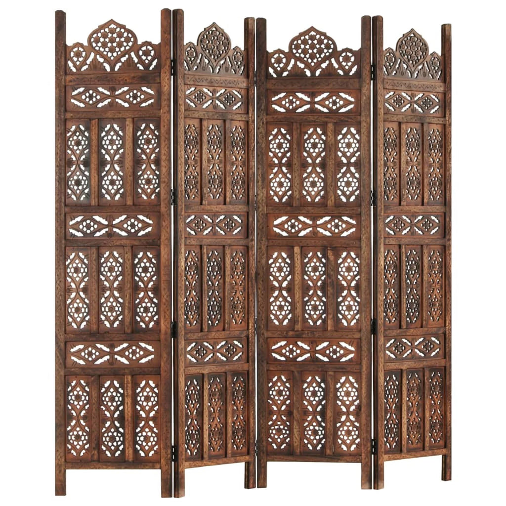 Hand Carved 4-Panel Mango Wood Room Divider O294903