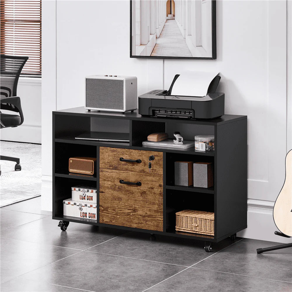 Black Rustic Brown Wooden Rolling File Cabinet with Lockable Drawer I99392