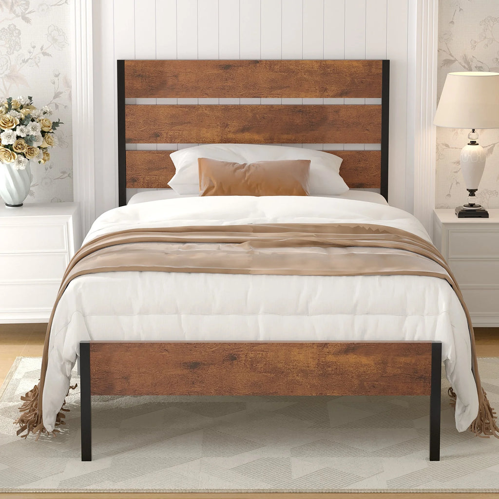 Brown Twin Bed Frame with Wooden Headboard and Metal Slats W518406