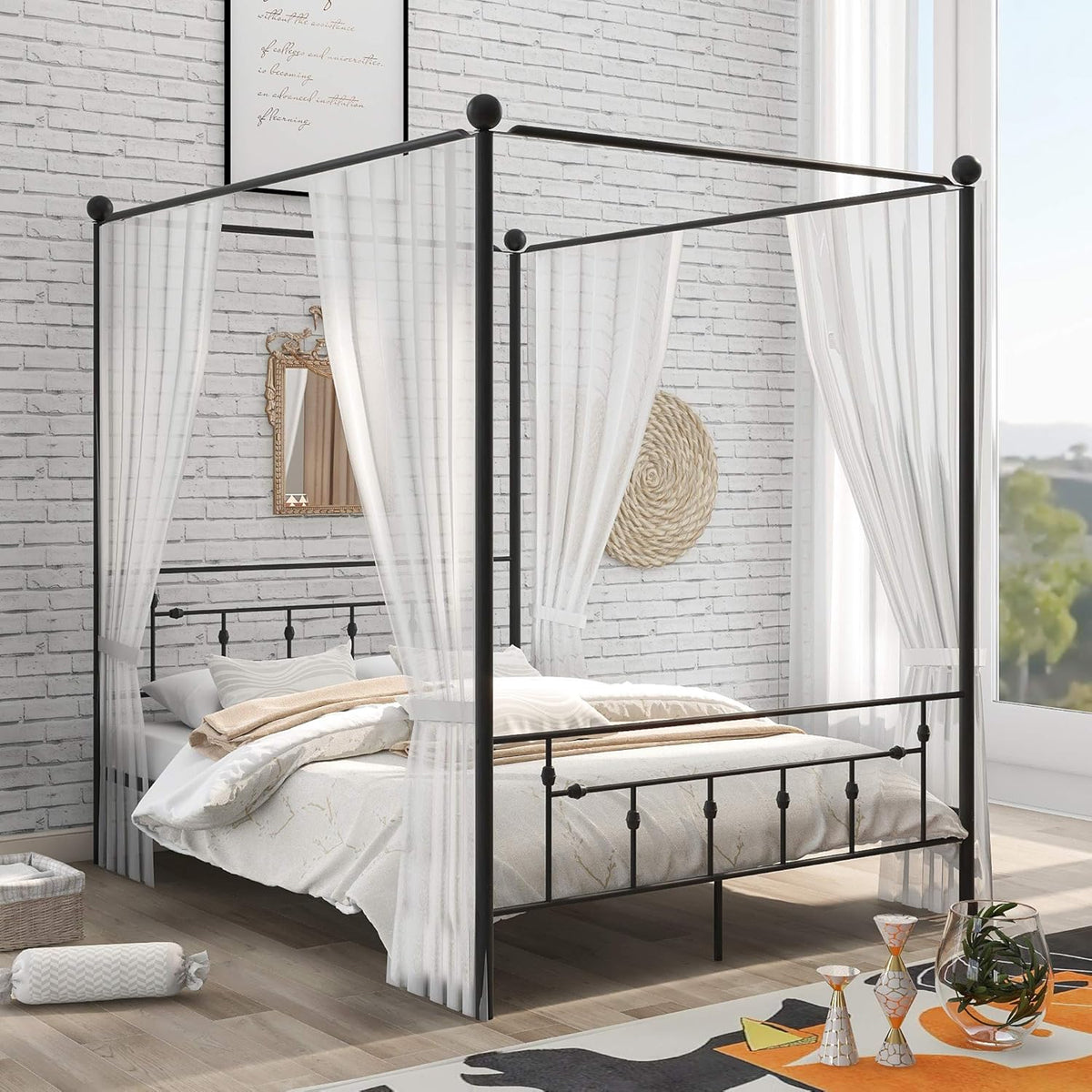 Queen Size Metal Canopy Bed Frame with Headboard Y593