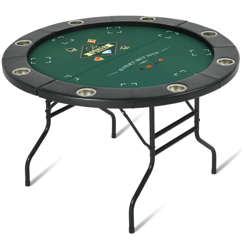 Round Poker Table Foldable 8 Players Stainless Steel Cup Holders Black 48 Inch E13217
