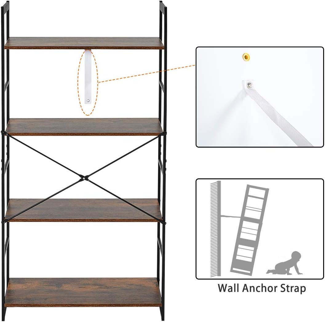 4 Tier Rustic Wood and Metal Frame Bookshelf W471