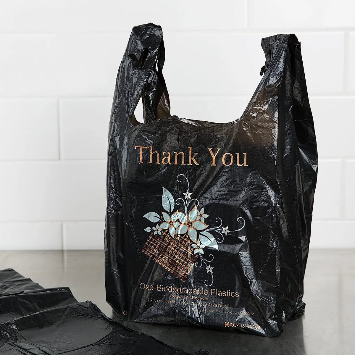 Black 18 Micron Thank You Plastic Bags 10 x 6 x 18 O7203