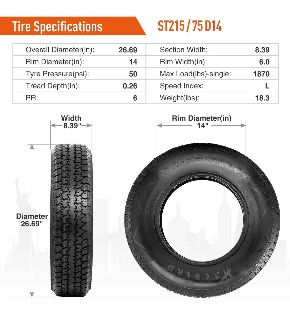 ST215/75D14 14in Load Range C Trailer Tires T3273