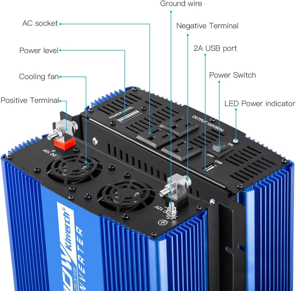 2000W Continuous 4000W Peak Power Inverter 3 AC Outlets 12V to 110V Car Converter with USB Port M337104