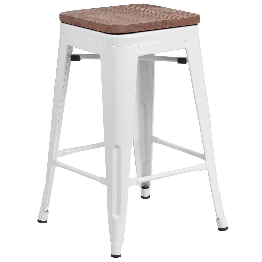 White Metal Counter Height Dining Stool with Wooden Seat O59655
