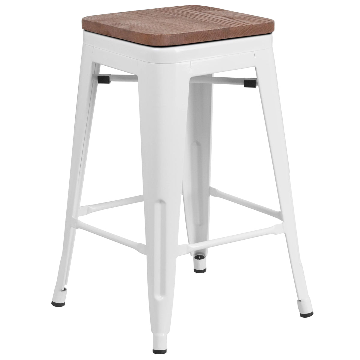 White Metal Counter Height Dining Stool with Wooden Seat O59655
