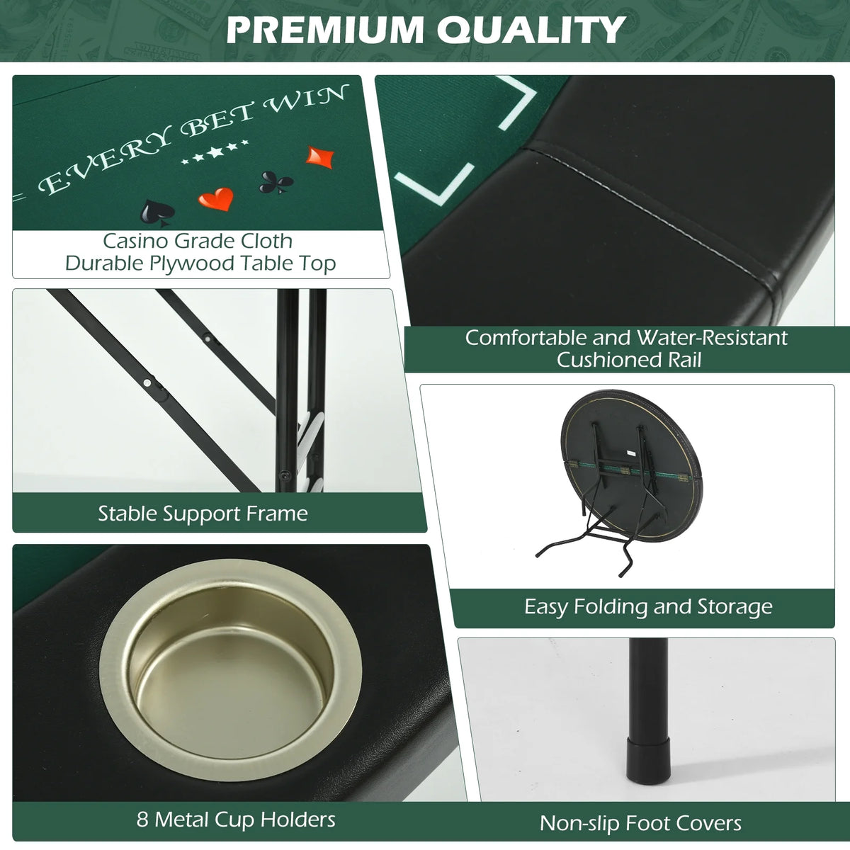 Round Poker Table Foldable 8 Players Stainless Steel Cup Holders Black 48 Inch E13217