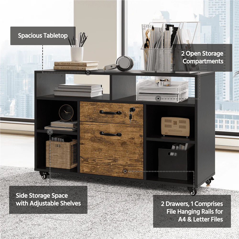 Black Rustic Brown Wooden Rolling File Cabinet with Lockable Drawer I99392