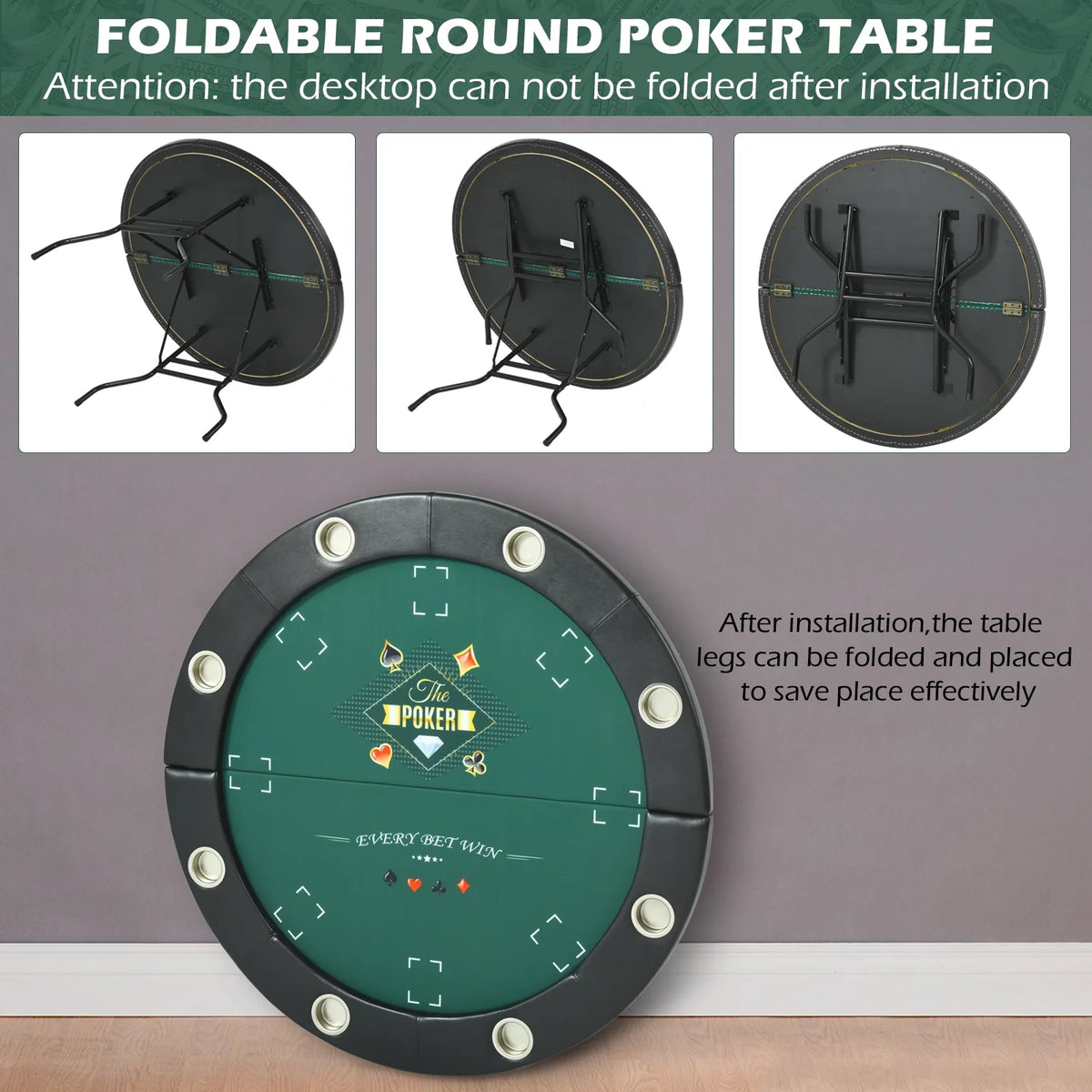 Round Poker Table Foldable 8 Players Stainless Steel Cup Holders Black 48 Inch E13217
