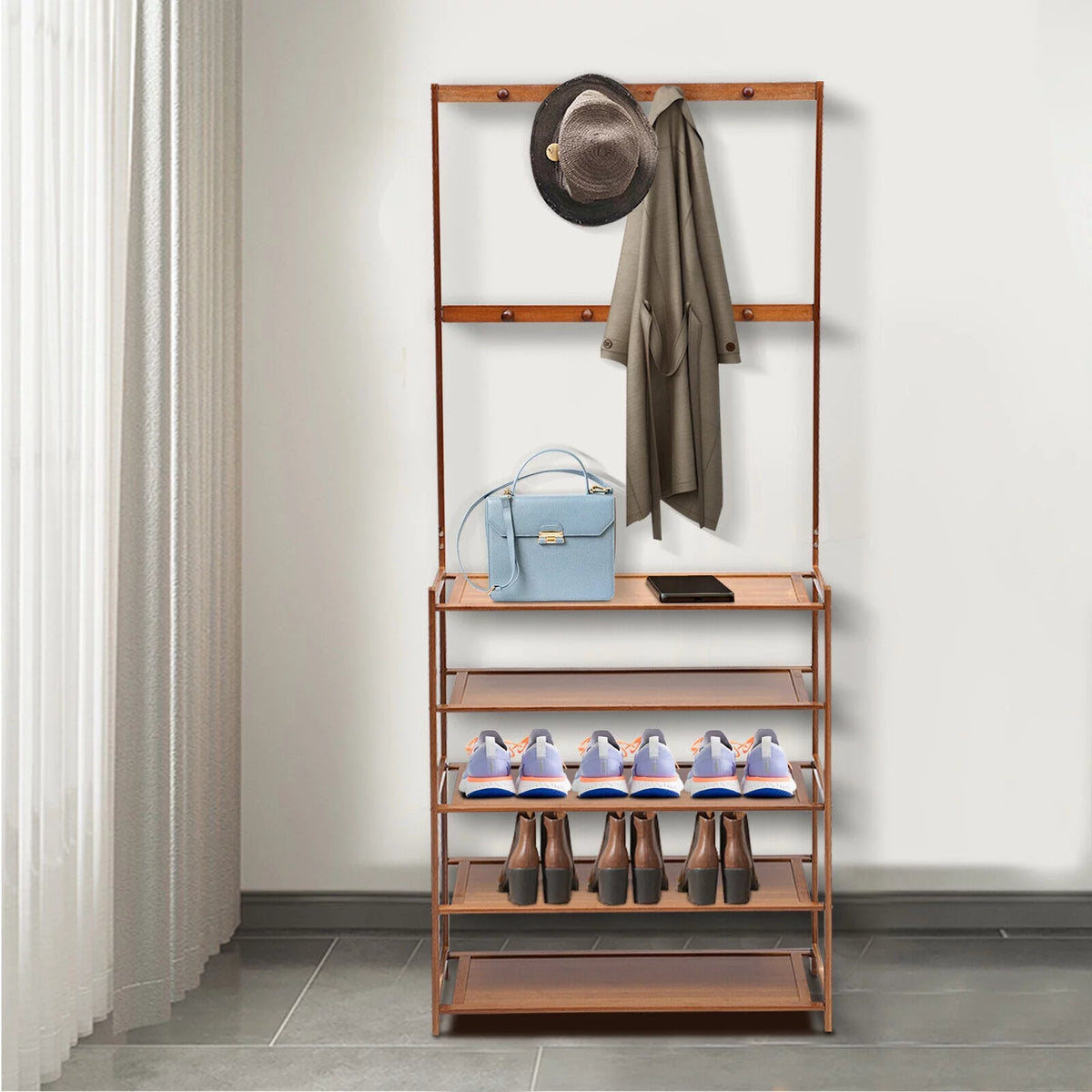 5-Tier Bamboo Coat Shoe Rack with Storage Bench and 8 Hooks S60110