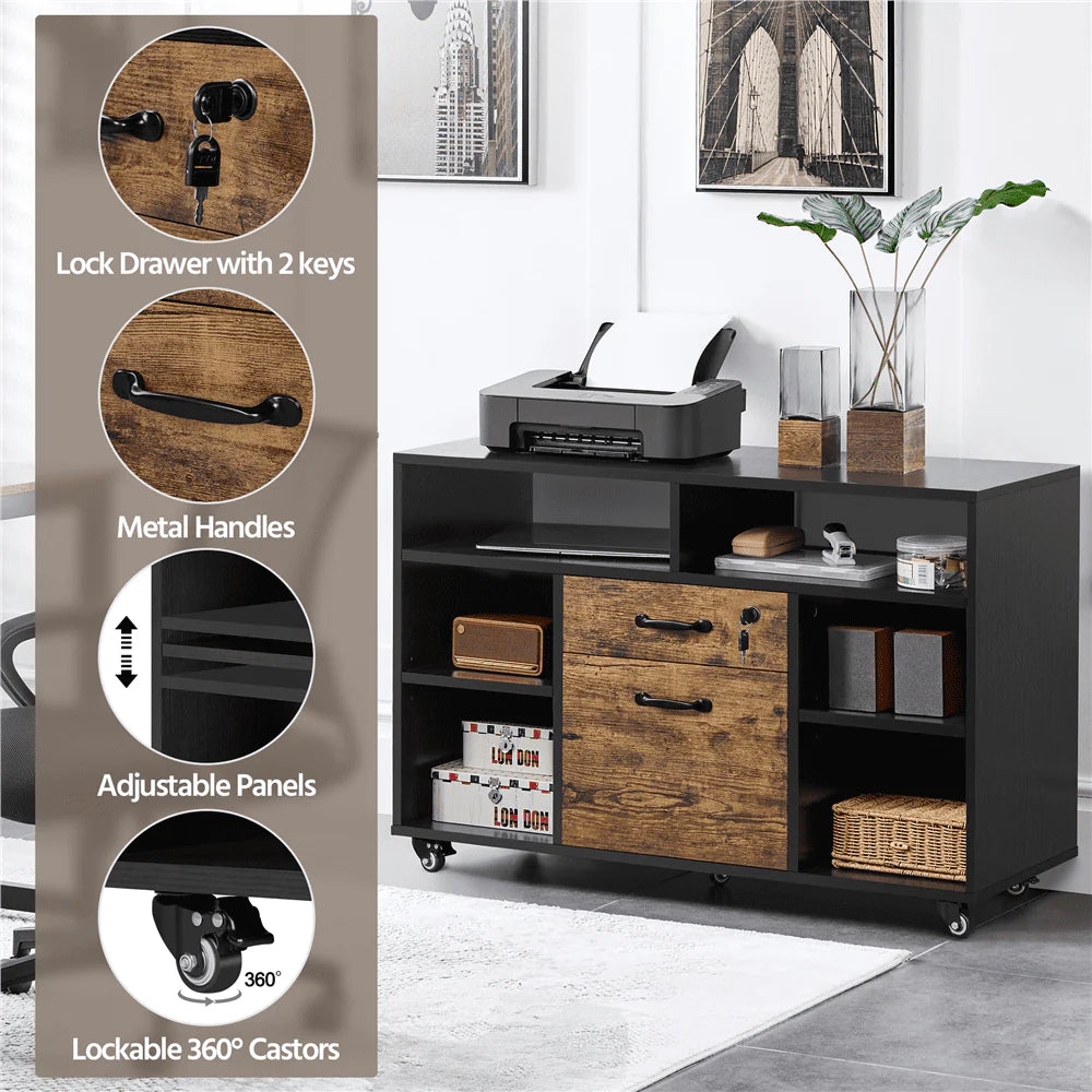 Black Rustic Brown Wooden Rolling File Cabinet with Lockable Drawer I99392