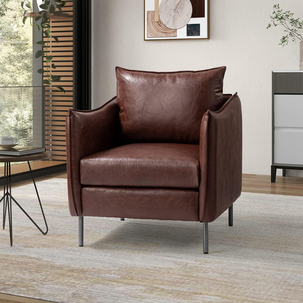 Brown Faux Leather Armchair with Moveable Cushion P137