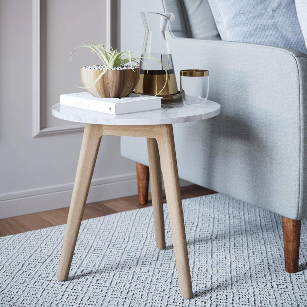 White Faux Carrara Marble Nightstand with Solid Wood Legs G3247