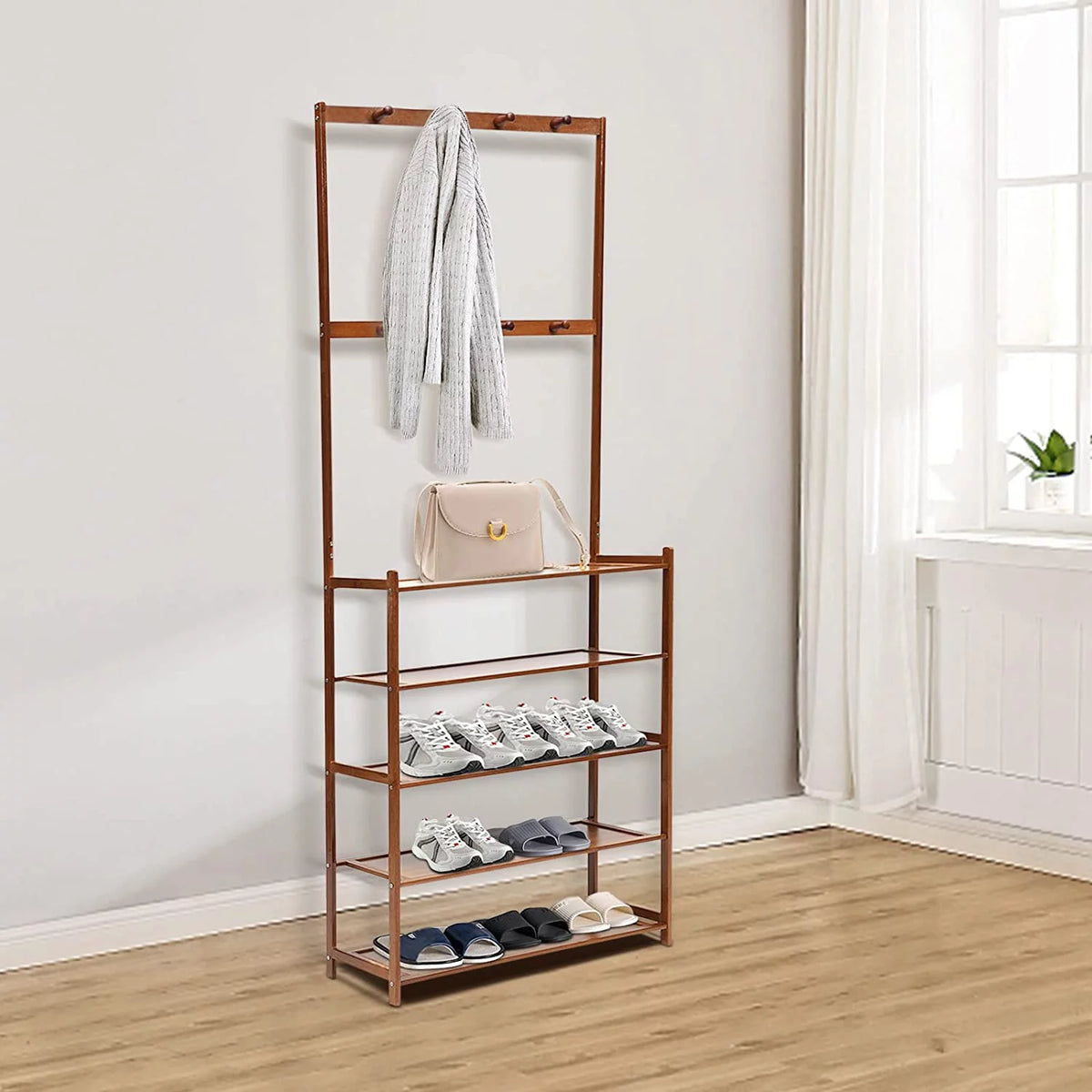 5-Tier Bamboo Coat Shoe Rack with Storage Bench and 8 Hooks S60110