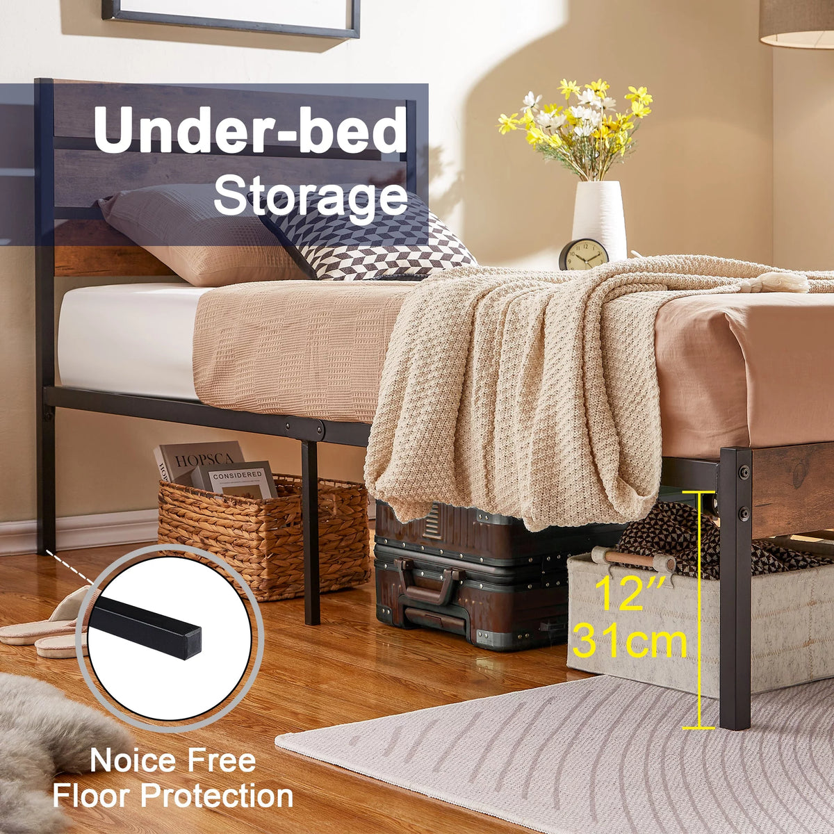 Brown Twin Bed Frame with Wooden Headboard and Metal Slats W518406
