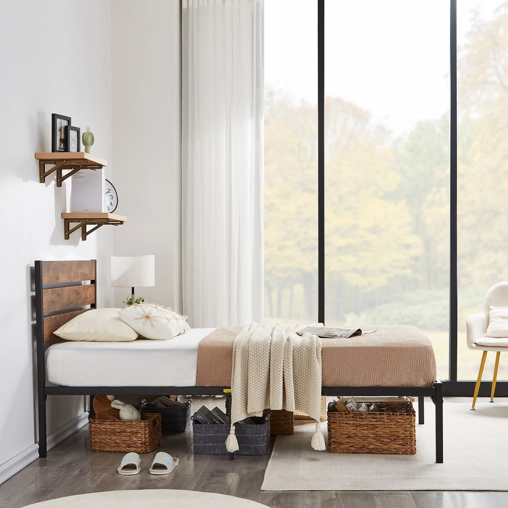 Brown Twin Bed Frame with Wooden Headboard and Metal Slats W518406