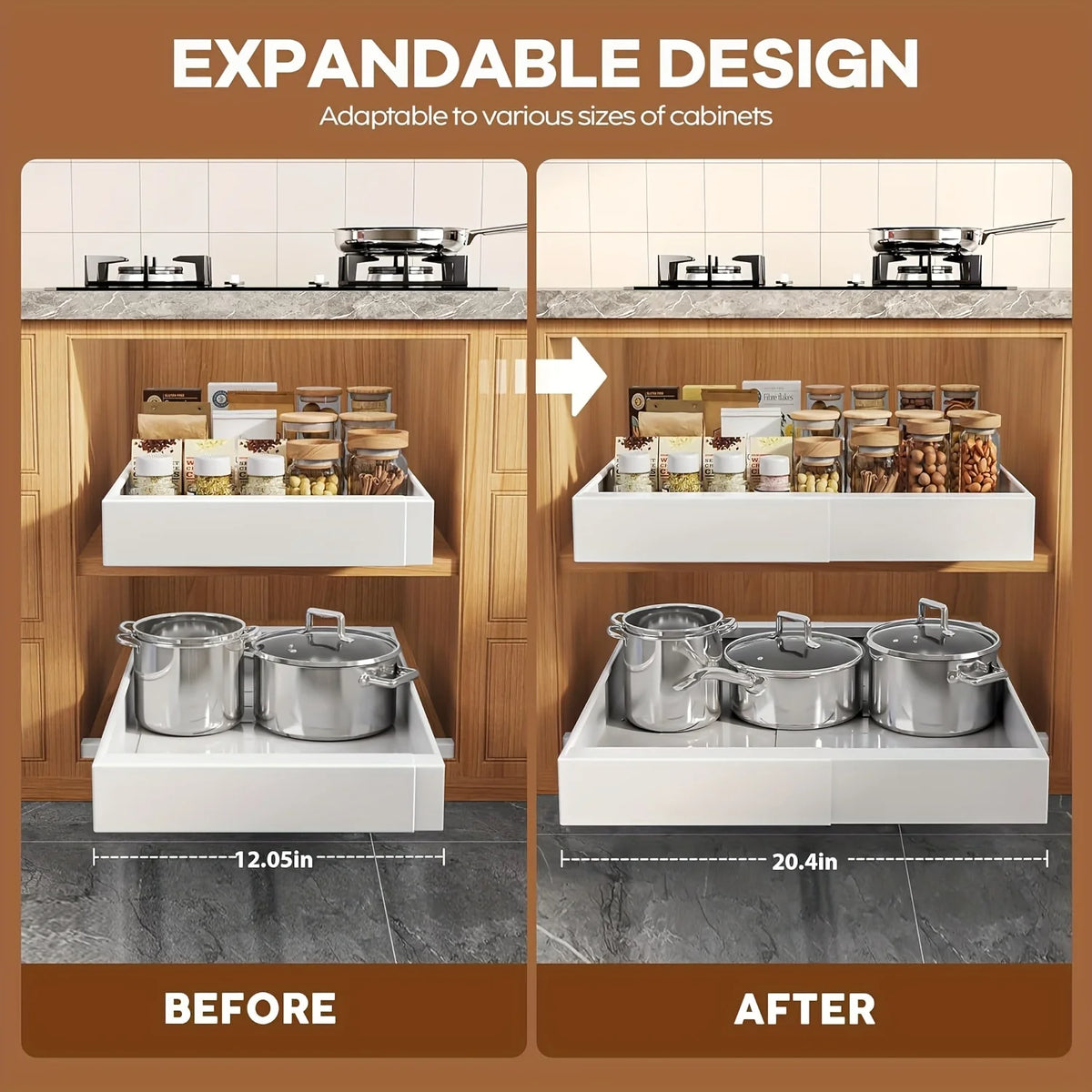2Pack Expandable Pull Out Cabinet Organizer 16Deep, Slide Out Drawers With 6pcs Divider Racks, Roll Out Shelves Adhesive, Adjustable Width11.7-20 Q861