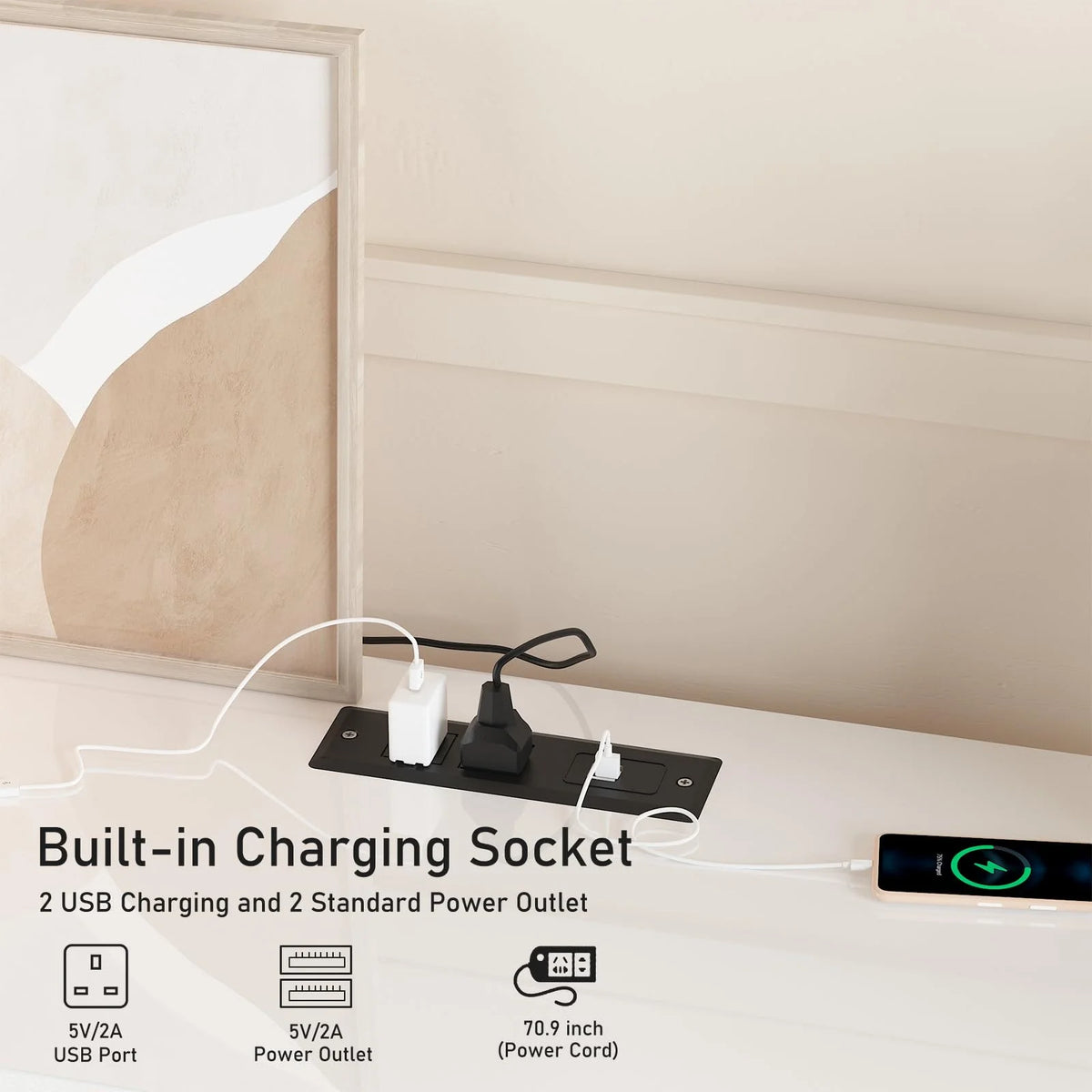 White LED TV Stand with Power Outlet & USB Ports D39506