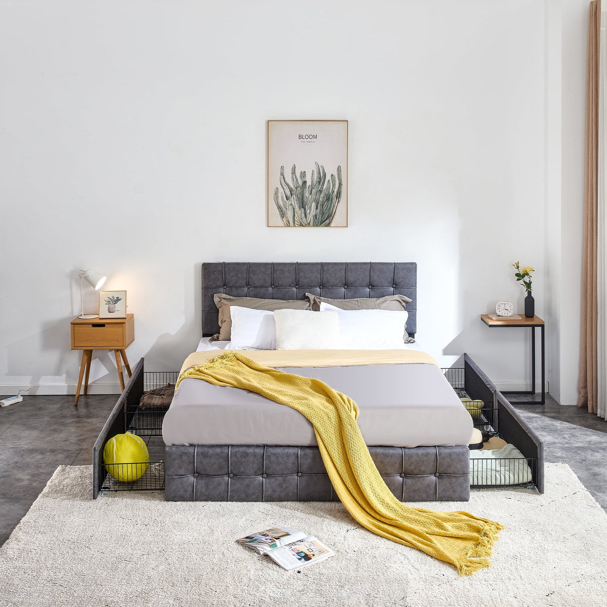 Queen Size Grey Upholstered Platform Bed Frame with 4 Storage Drawers V7795
