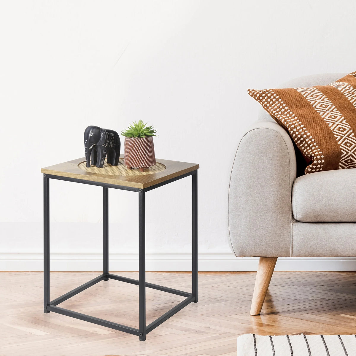 19" Wood Industrial Side Table with Metal Frame Stand E46491
